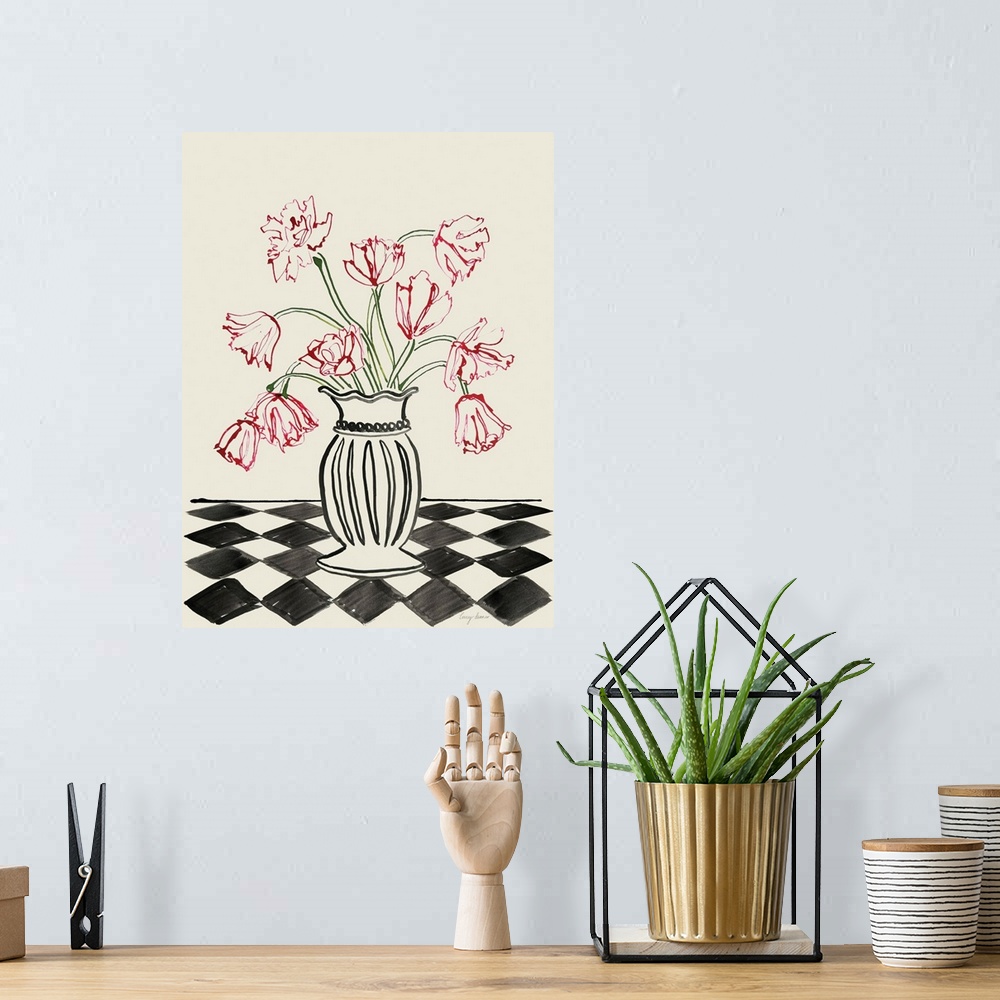 A bohemian room featuring Pink Tulips In A Vase With Checkered Diamonds