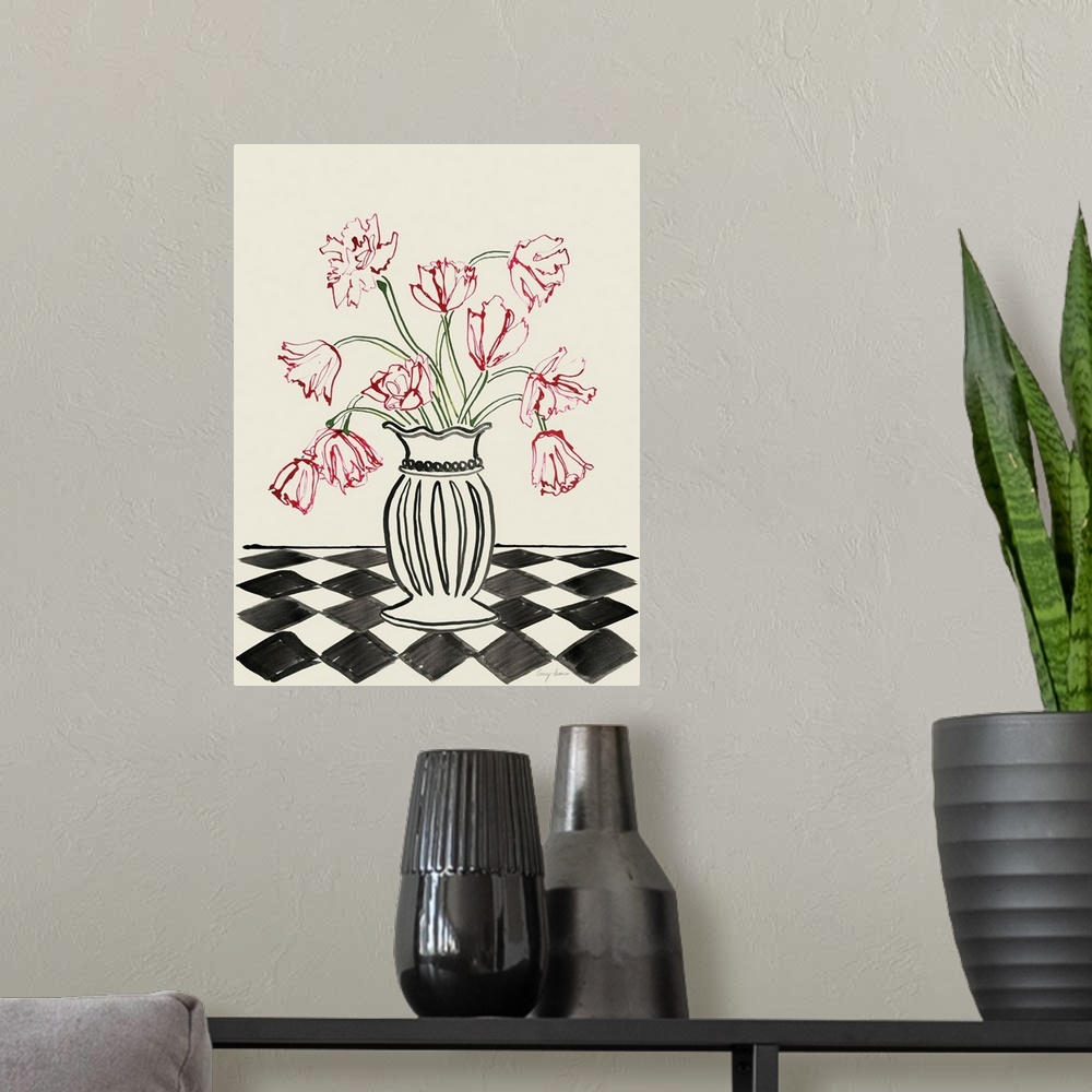 A modern room featuring Pink Tulips In A Vase With Checkered Diamonds
