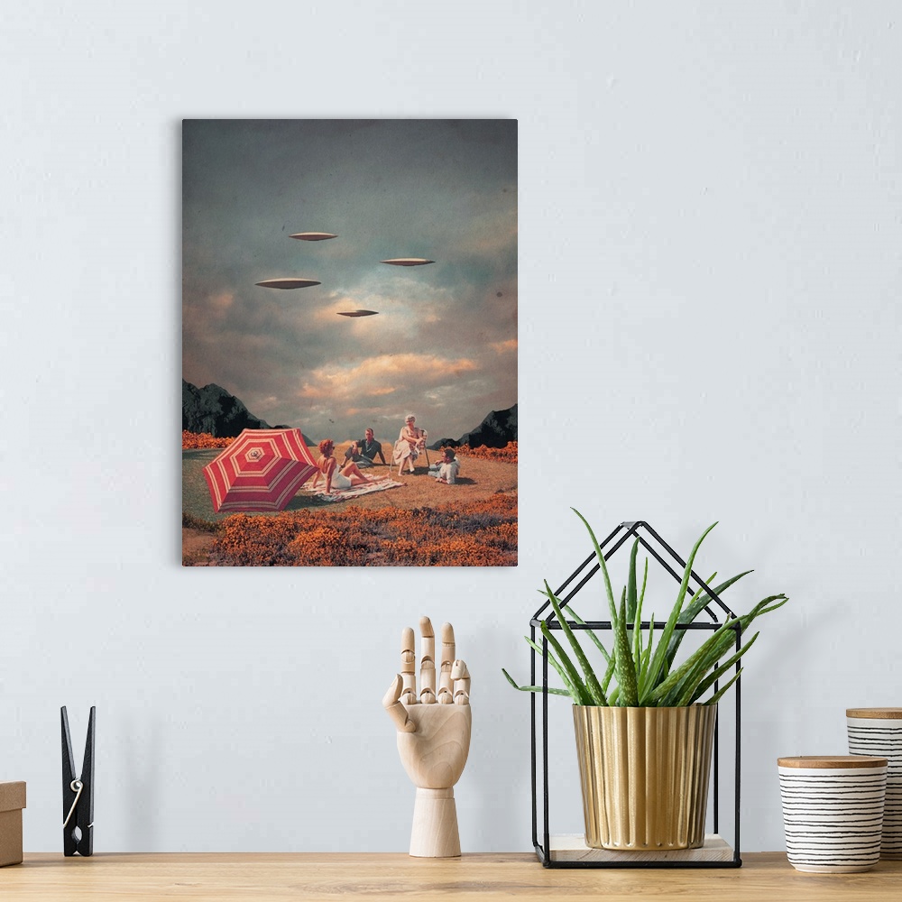 A bohemian room featuring A retrofuturism surrealist collage featuring two couples having a picnic in a field while flying ...