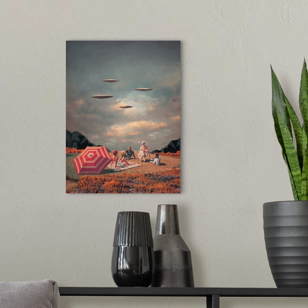 A modern room featuring A retrofuturism surrealist collage featuring two couples having a picnic in a field while flying ...