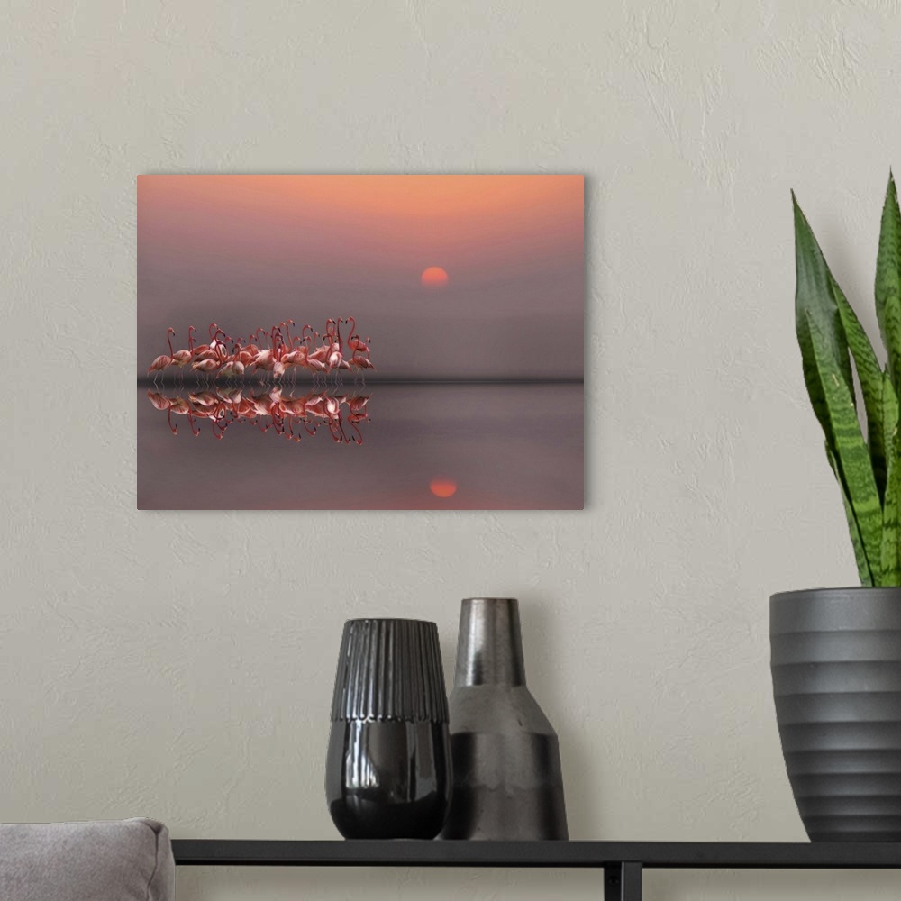 A modern room featuring A photograph of flamingos standing around in still water.