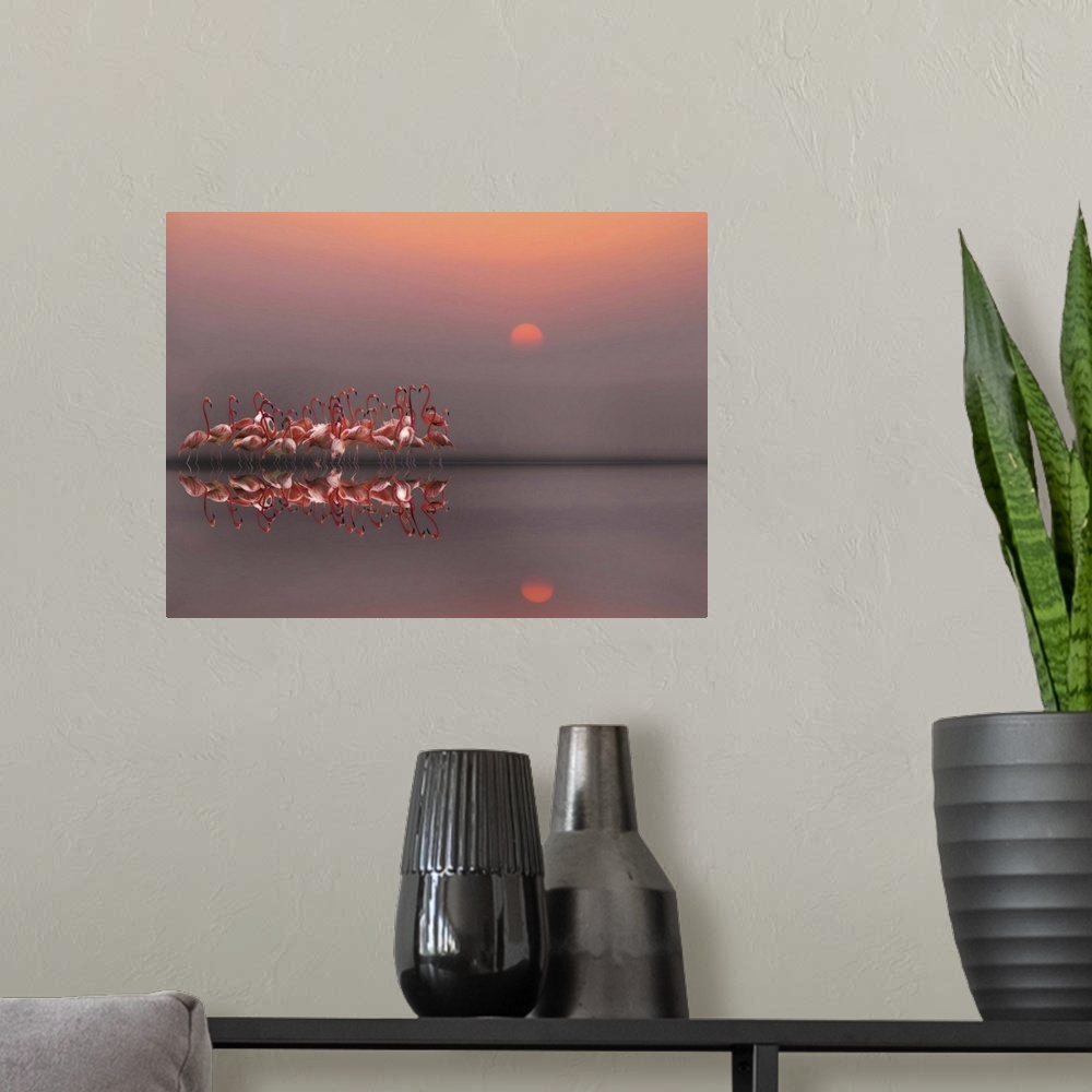 A modern room featuring A photograph of flamingos standing around in still water.