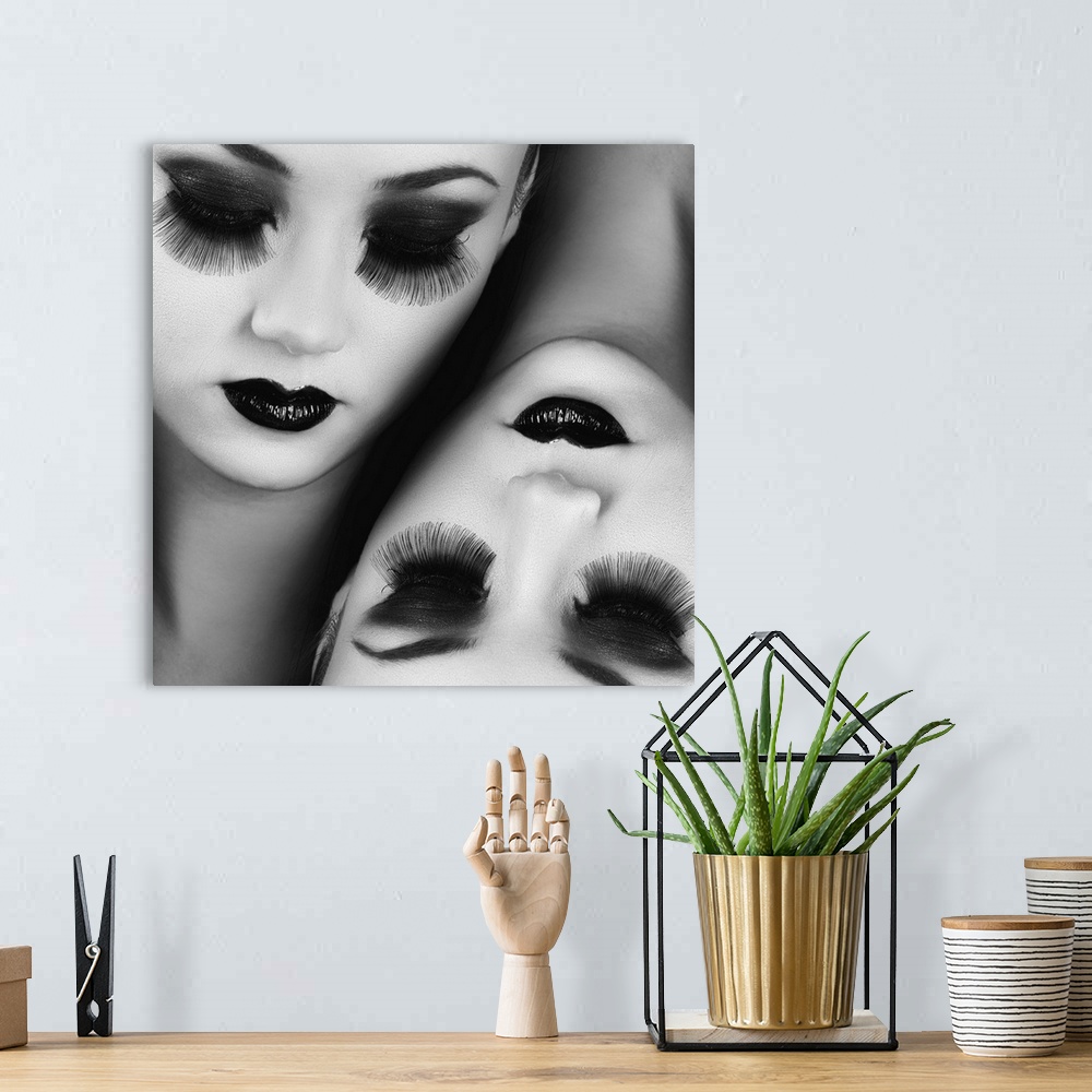 A bohemian room featuring Conceptual image of the heads of two women side by side, each with long eyelashes and dark lipstick.