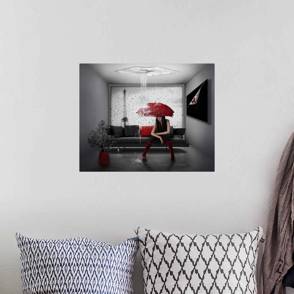 A bohemian room featuring Conceptual image of a woman with a red umbrella in a room filling up with water.