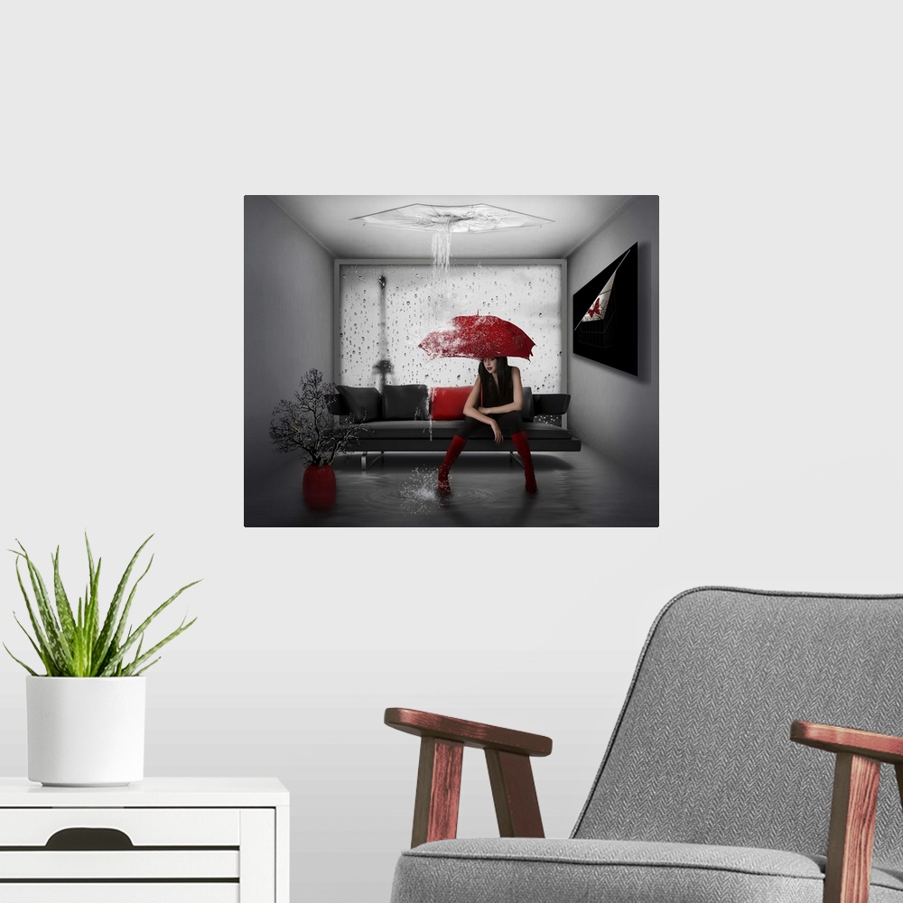 A modern room featuring Conceptual image of a woman with a red umbrella in a room filling up with water.
