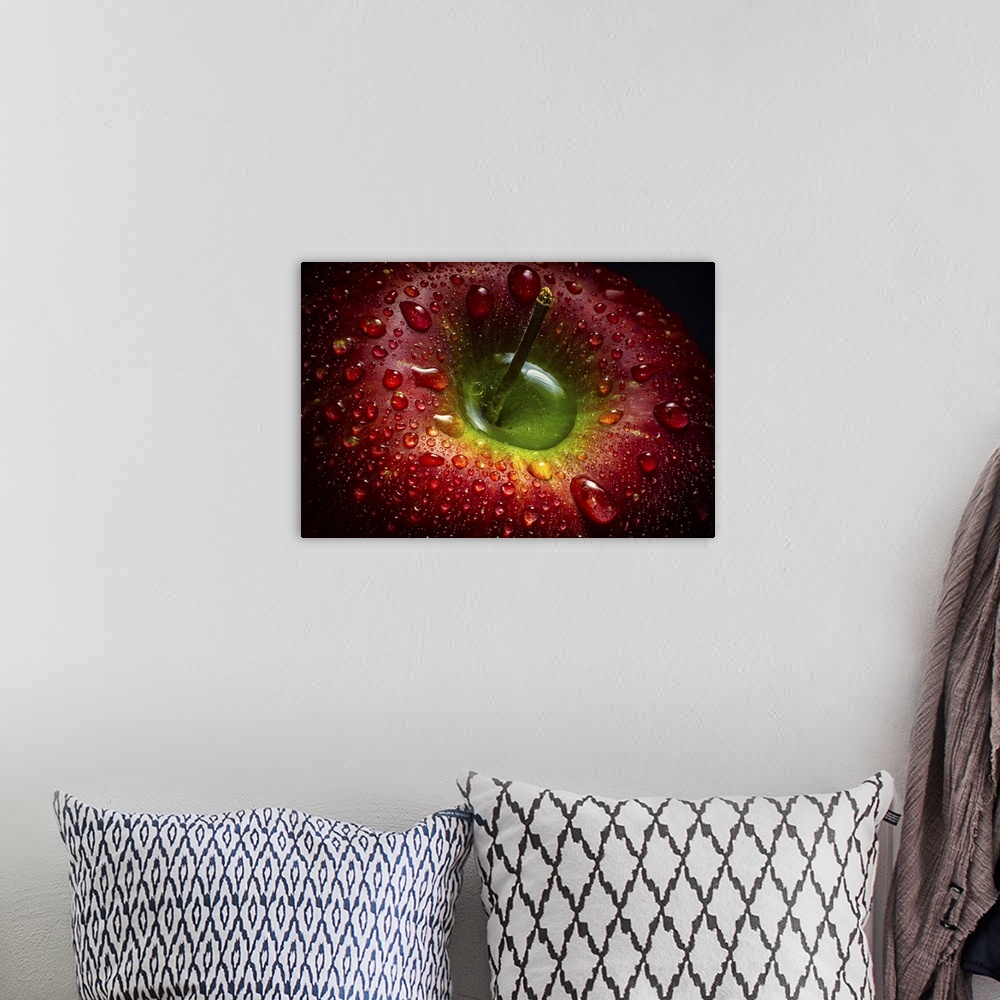 A bohemian room featuring Macro photograph of a dark red apple glistening with beads of water.