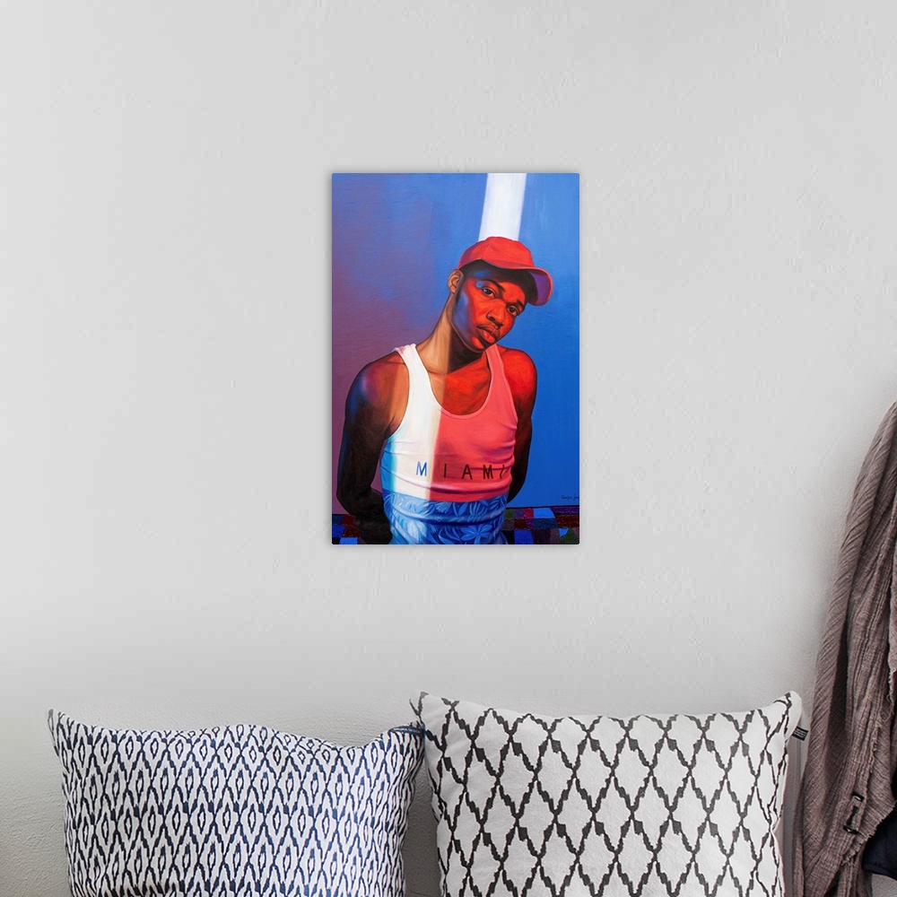 A bohemian room featuring A contemporary portrait of a young Black man in street clothes