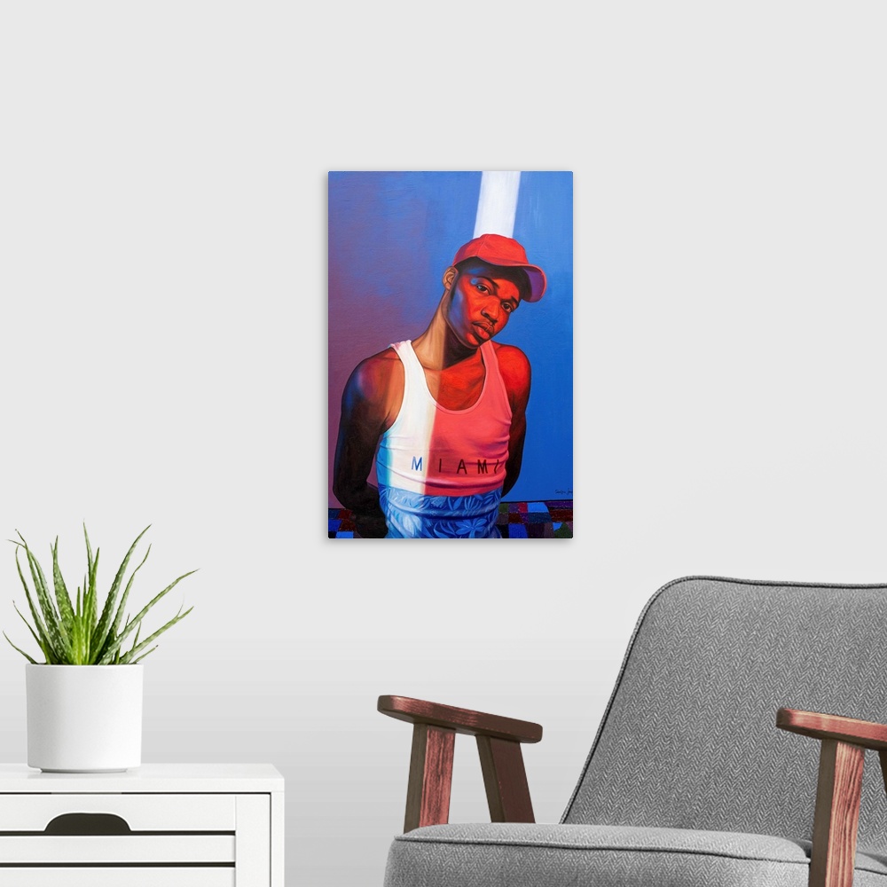 A modern room featuring A contemporary portrait of a young Black man in street clothes