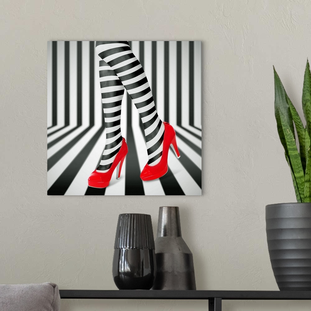 A modern room featuring Woman's legs wearing black and white striped leggings and bright red high heels, against a matchi...