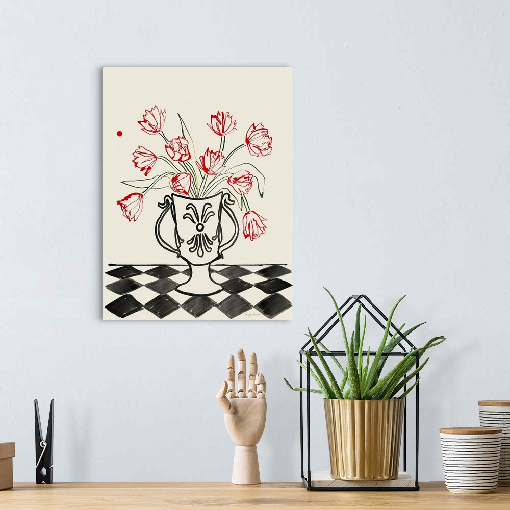 A bohemian room featuring Red Tulips In A Vase With Checkered Diamonds