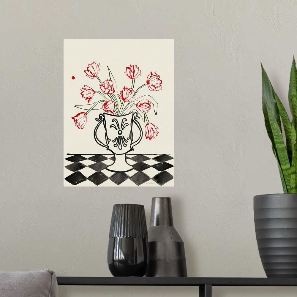 A modern room featuring Red Tulips In A Vase With Checkered Diamonds