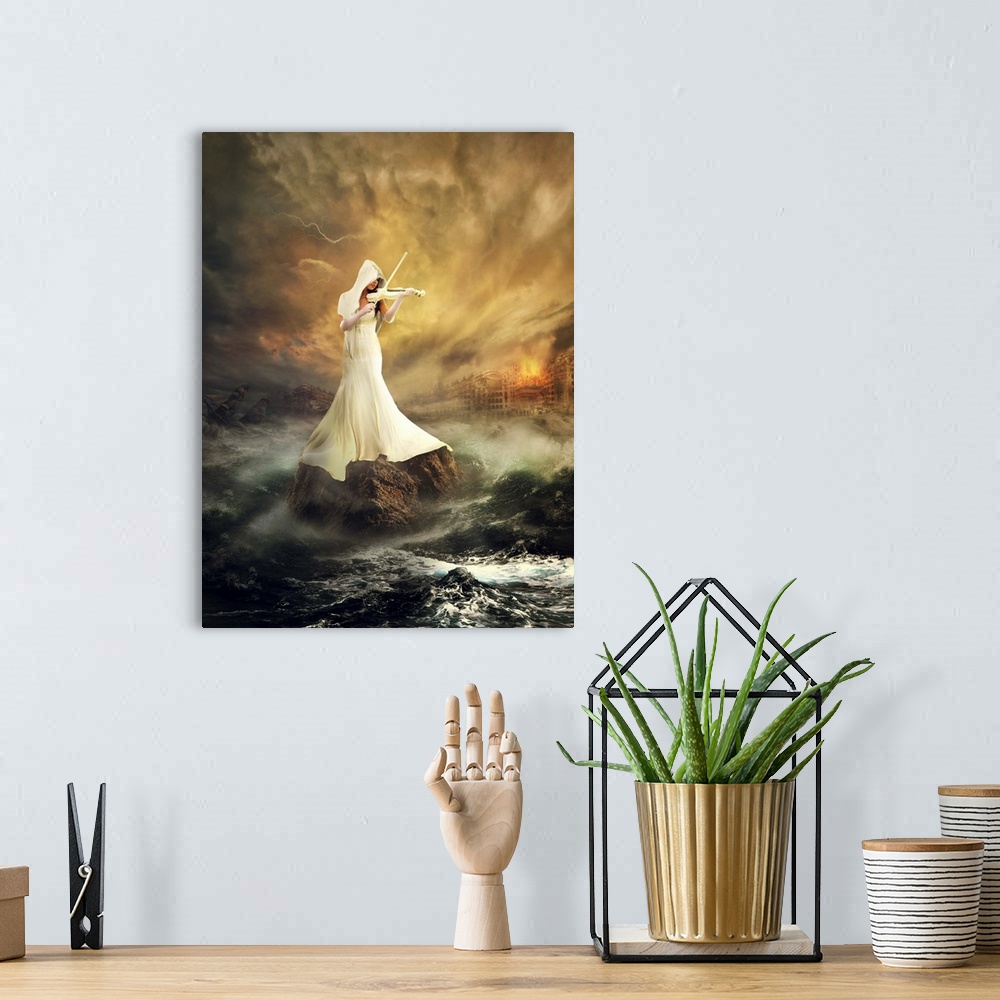 A bohemian room featuring Conceptual image of a woman in white playing a violin on a rock in a stormy sea.