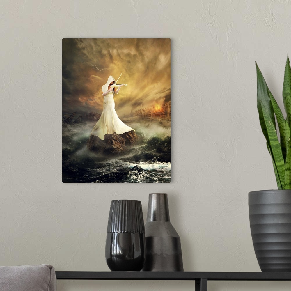 A modern room featuring Conceptual image of a woman in white playing a violin on a rock in a stormy sea.
