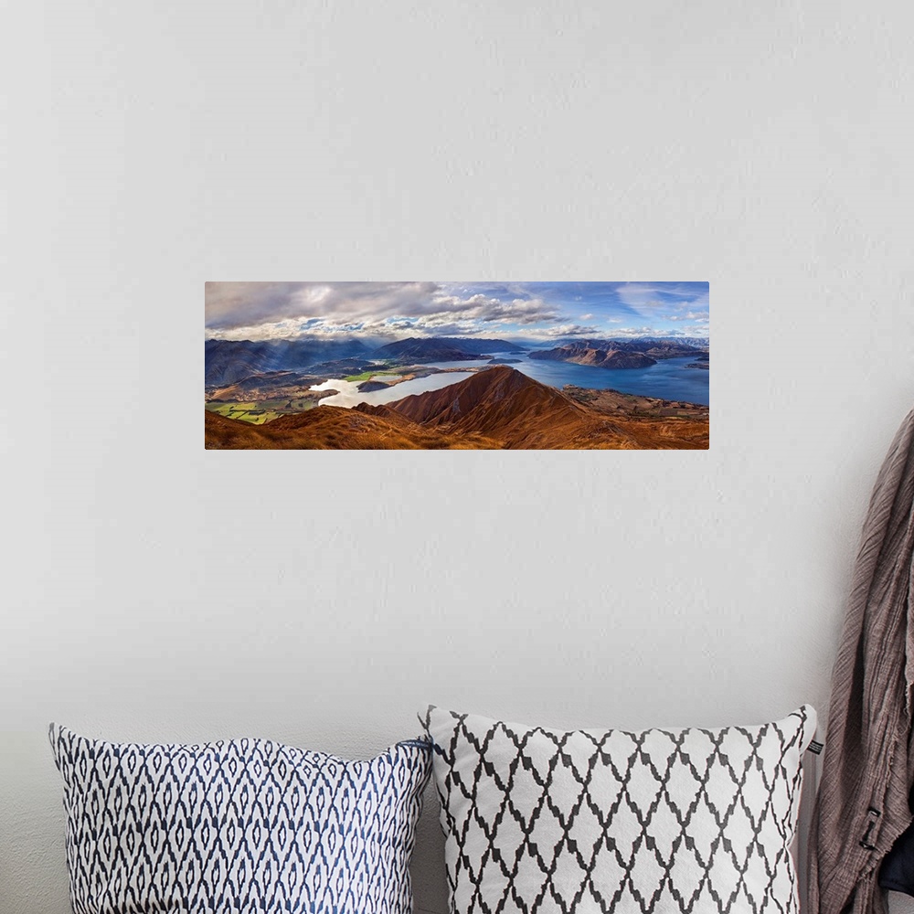 A bohemian room featuring Panorama from Roy's Peak of Lake Wanaka and Mount Aspiring, New Zealand.