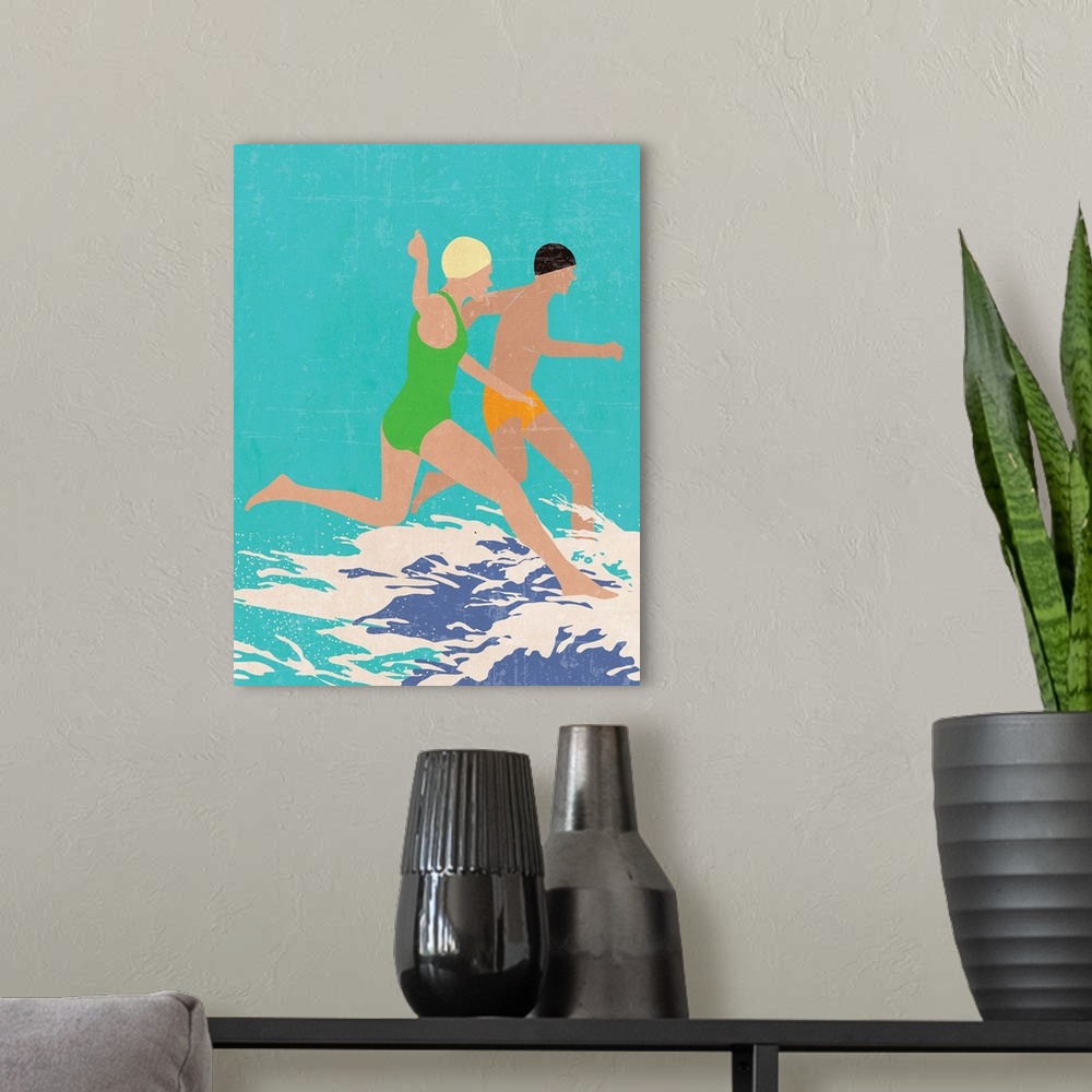 A modern room featuring Running Swimmers (Blue)
