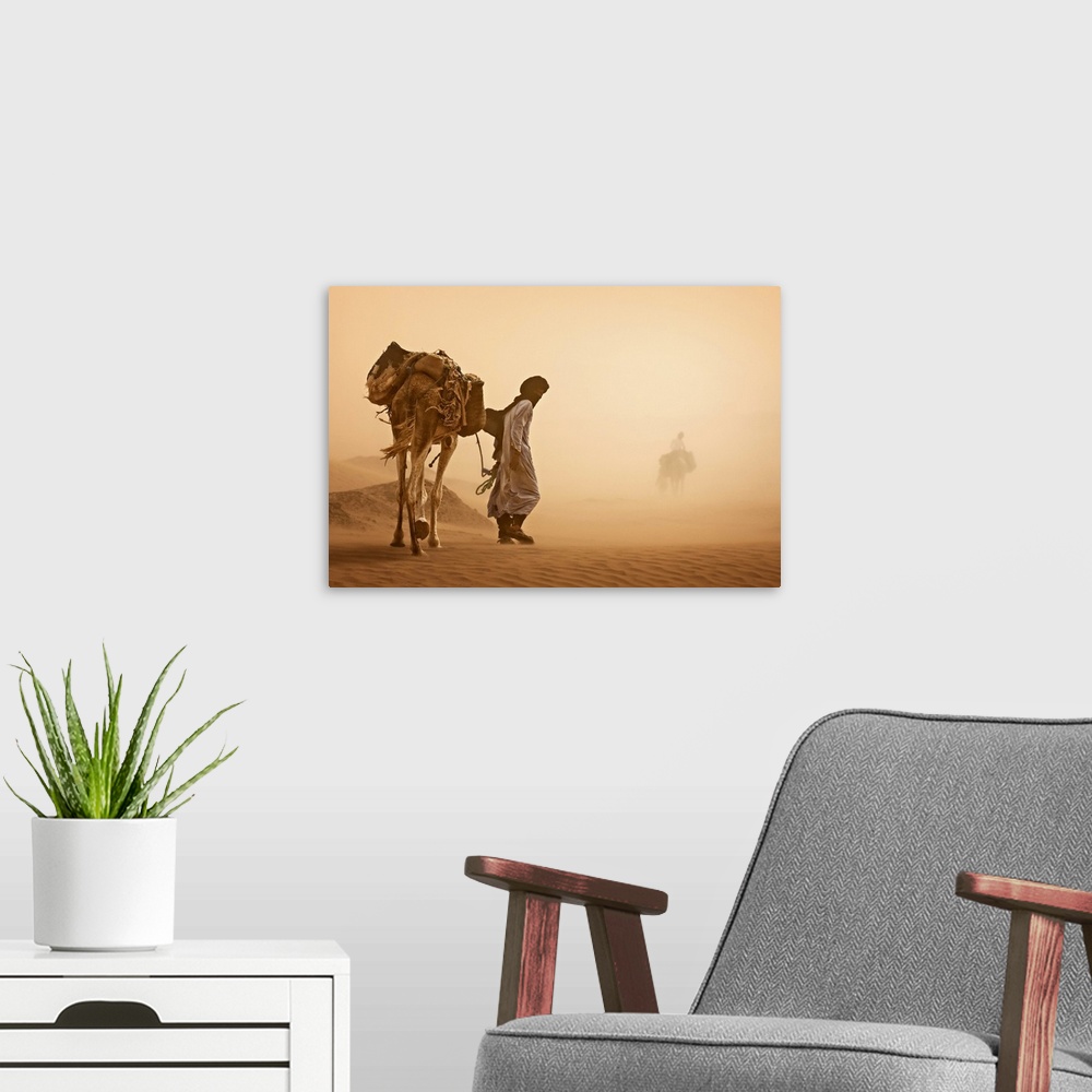 A modern room featuring A man walks a camel carrying bags through a sandstorm in the desert in Morocco.