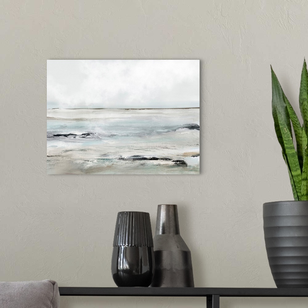 A modern room featuring A contemporary abstract seascape with waves washing over dark rocks under a grey sky. Perfect for...