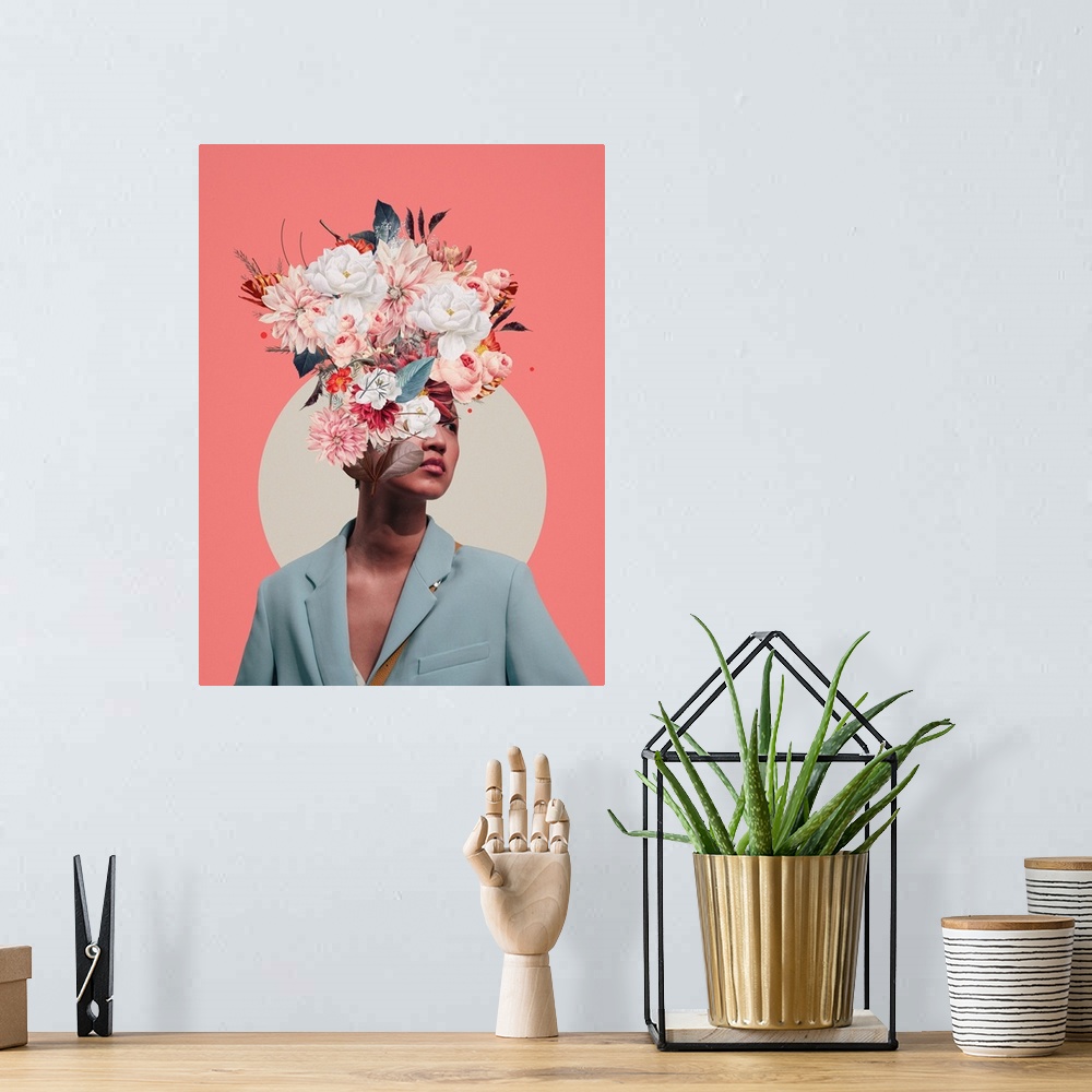 A bohemian room featuring A high impact surrealist collage portrait of a person in a blue suit jacket who's head is covered...