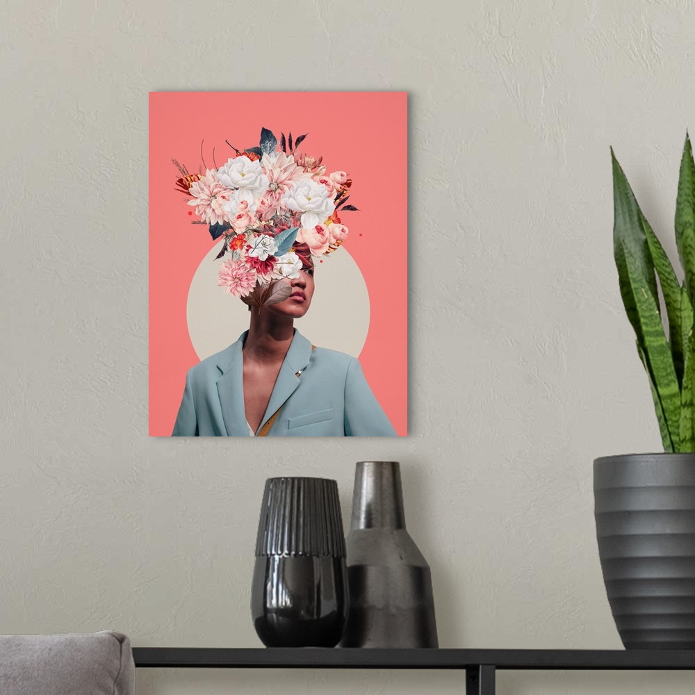 A modern room featuring A high impact surrealist collage portrait of a person in a blue suit jacket who's head is covered...