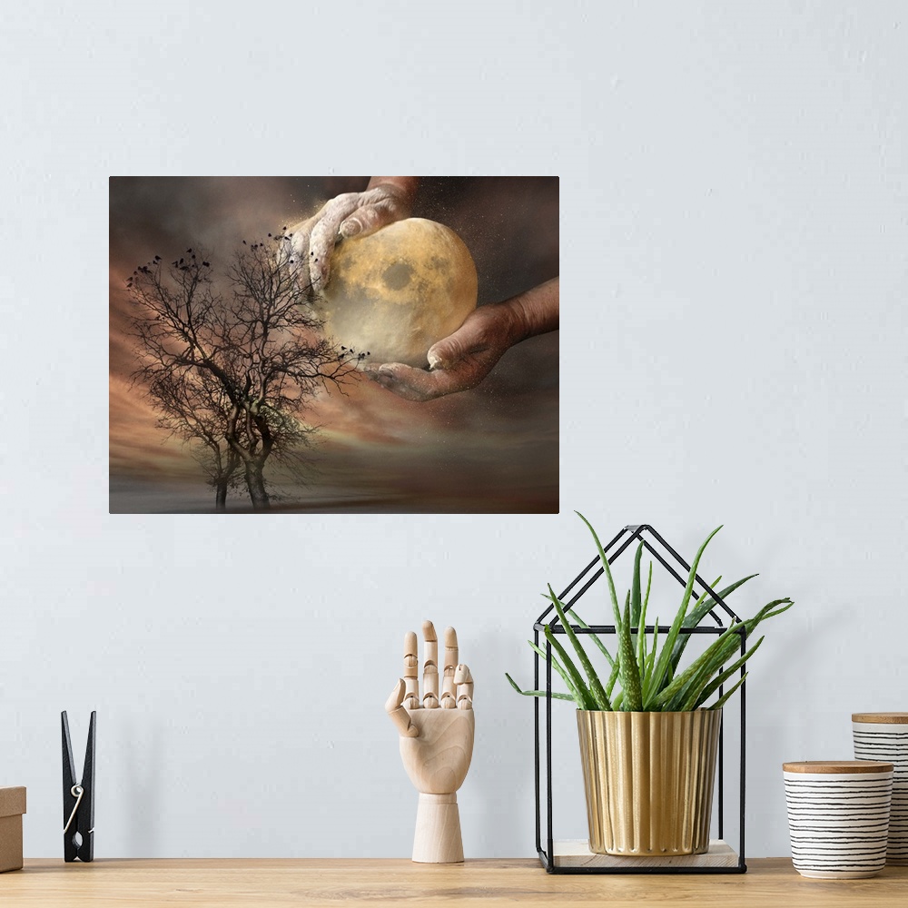 A bohemian room featuring Conceptual image of a baker shaping the moon as if it were dough, in the sky over a tree.
