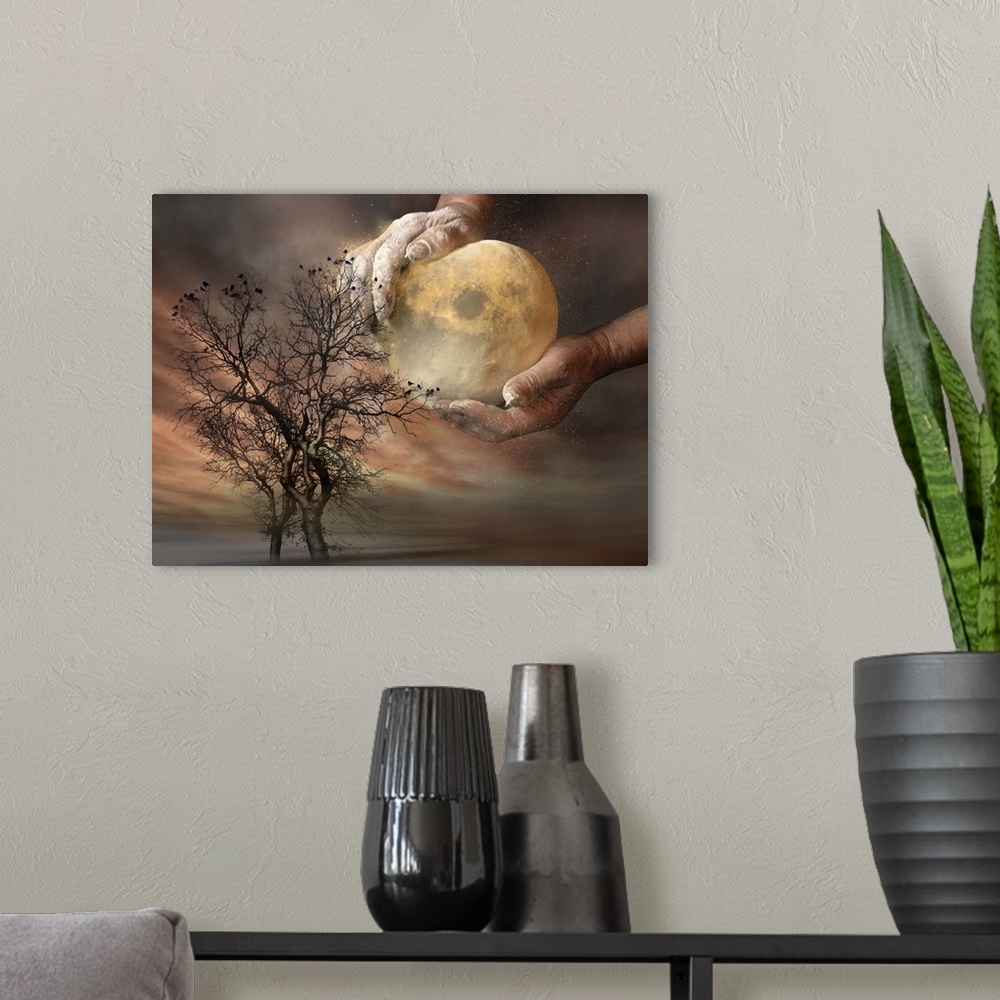 A modern room featuring Conceptual image of a baker shaping the moon as if it were dough, in the sky over a tree.