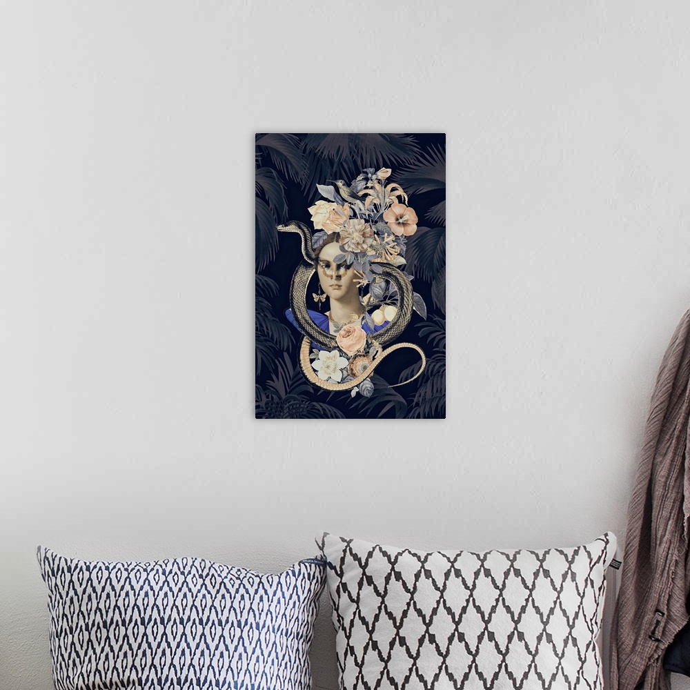 A bohemian room featuring Collage with historical portrait of a woman with exotic flowers and snake.