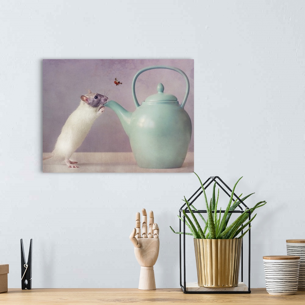 A bohemian room featuring Conceptual photograph of a mouse standing up to the spout of a teapot.