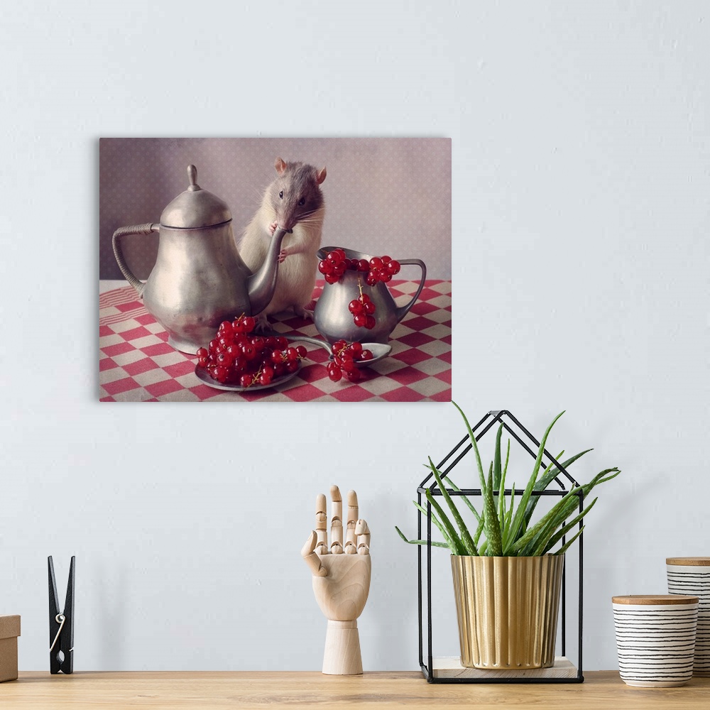 A bohemian room featuring A conceptual still-life photograph of a rat with a teapot and fruit.