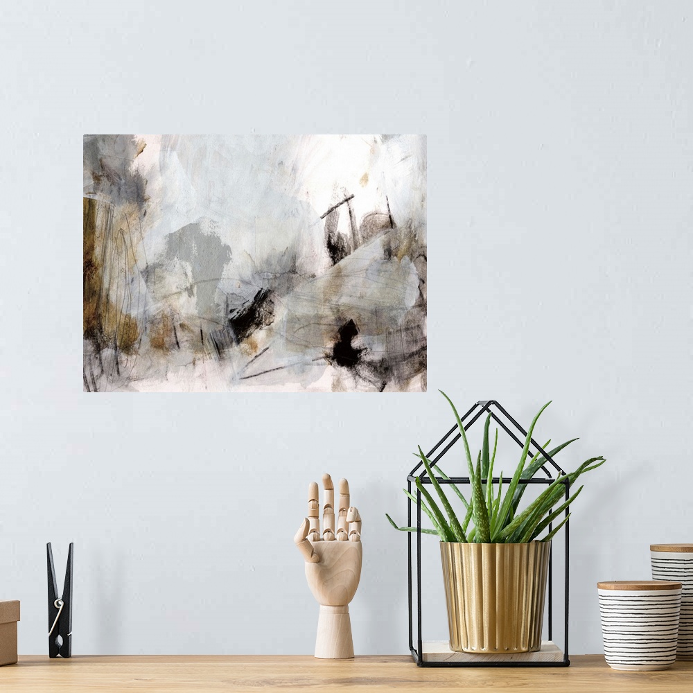 A bohemian room featuring A blocky contemporary abstract painting with angular shapes n neutral grey and brown tones accent...