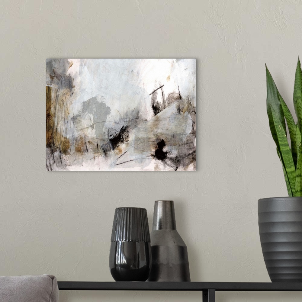 A modern room featuring A blocky contemporary abstract painting with angular shapes n neutral grey and brown tones accent...