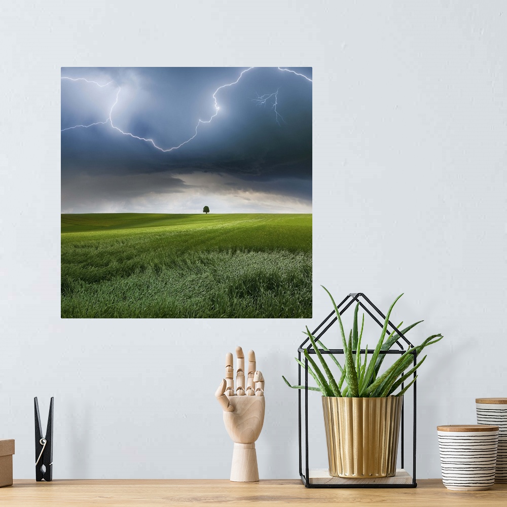 A bohemian room featuring A dark storm cloud with lightning bolts over a field in the Swabian Jura region of Germany.