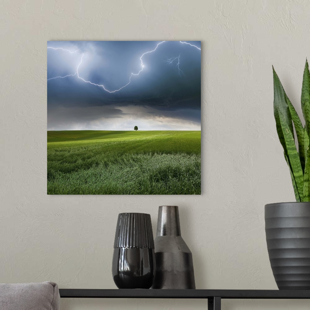 A modern room featuring A dark storm cloud with lightning bolts over a field in the Swabian Jura region of Germany.