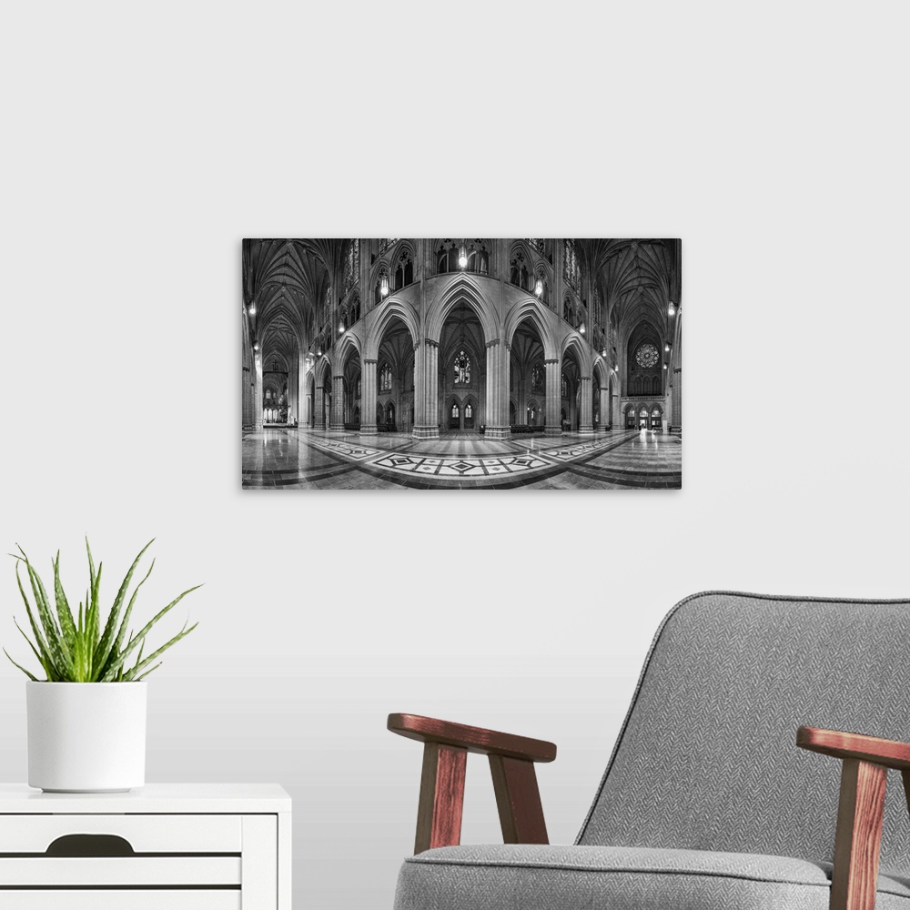 A modern room featuring 6-frame panoramic of cathedral nave.