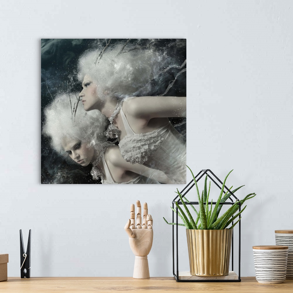 A bohemian room featuring Fantasy image of two Winter Spirits with white hair, wearing branches and bells.