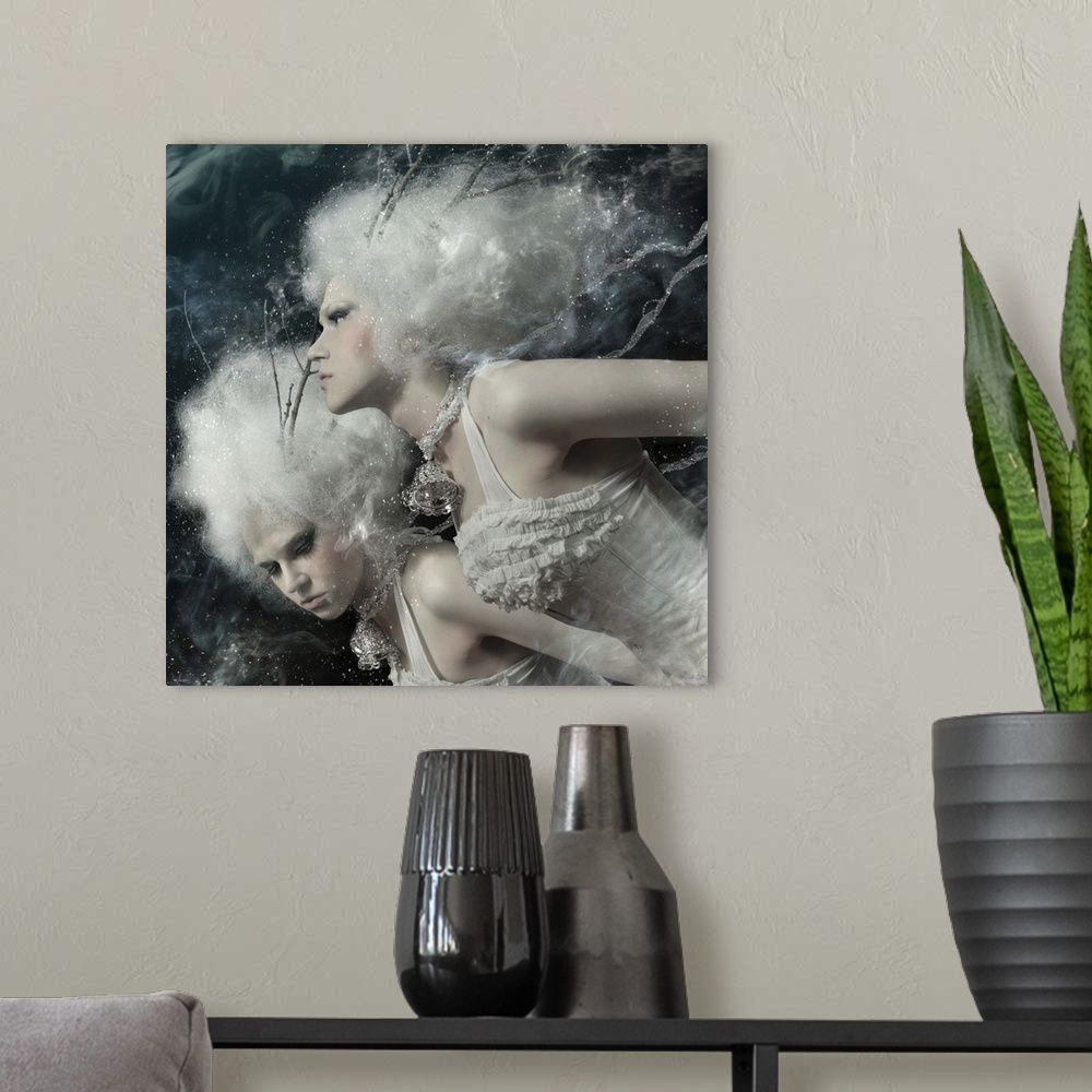 A modern room featuring Fantasy image of two Winter Spirits with white hair, wearing branches and bells.
