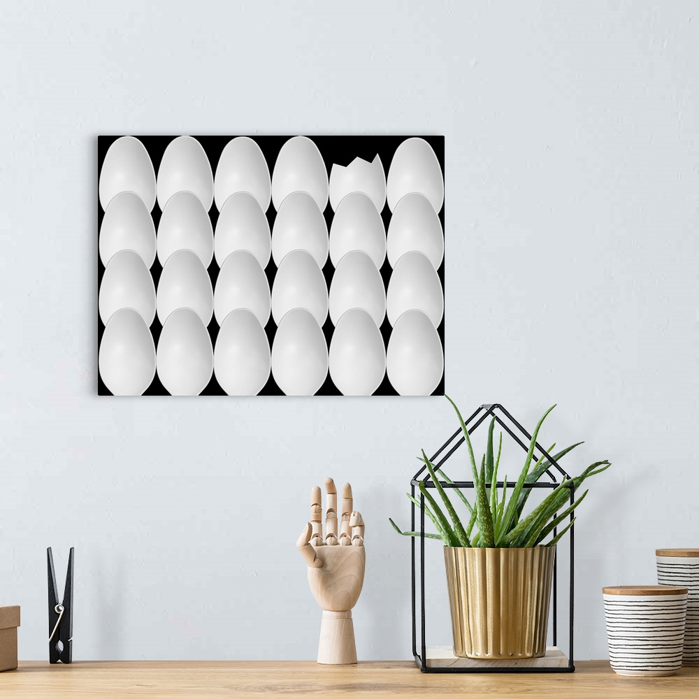 A bohemian room featuring Abstract image of plastic spoons arranged to resemble a group of eggs with one cracked.