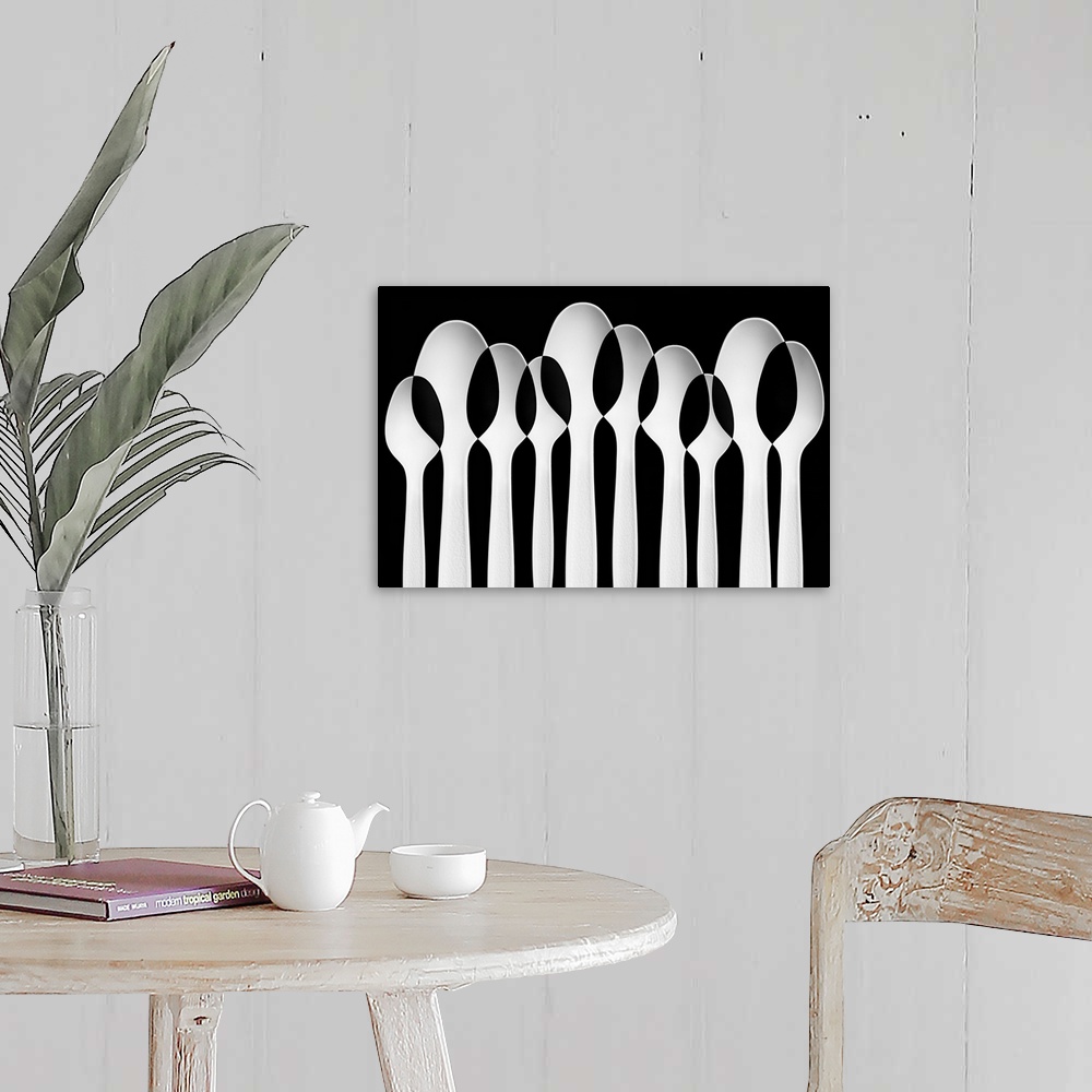 A farmhouse room featuring Spoons standing in a row, with negative space where they intersect.