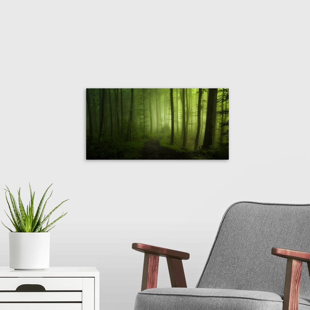 A modern room featuring A forest glowing with verdant green light,