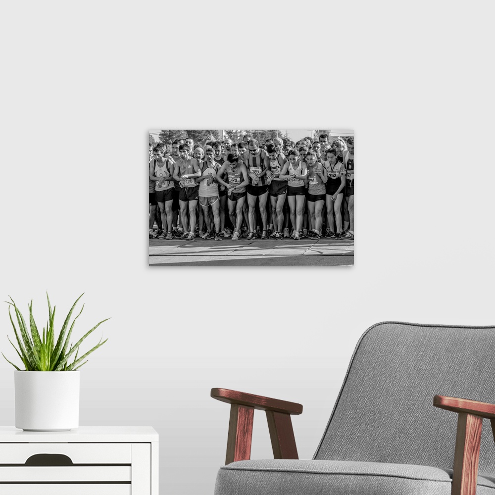 A modern room featuring A portrait of a large group of people lined up and ready to race.