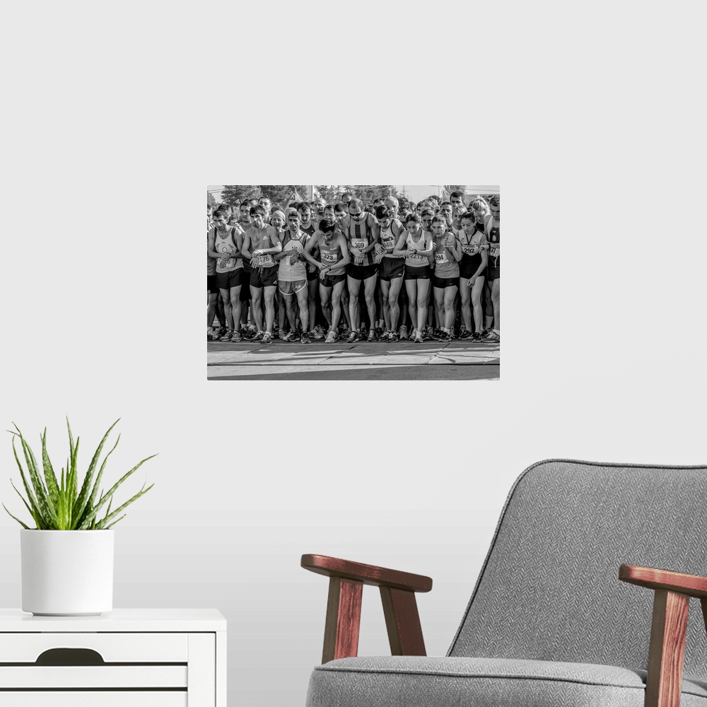 A modern room featuring A portrait of a large group of people lined up and ready to race.