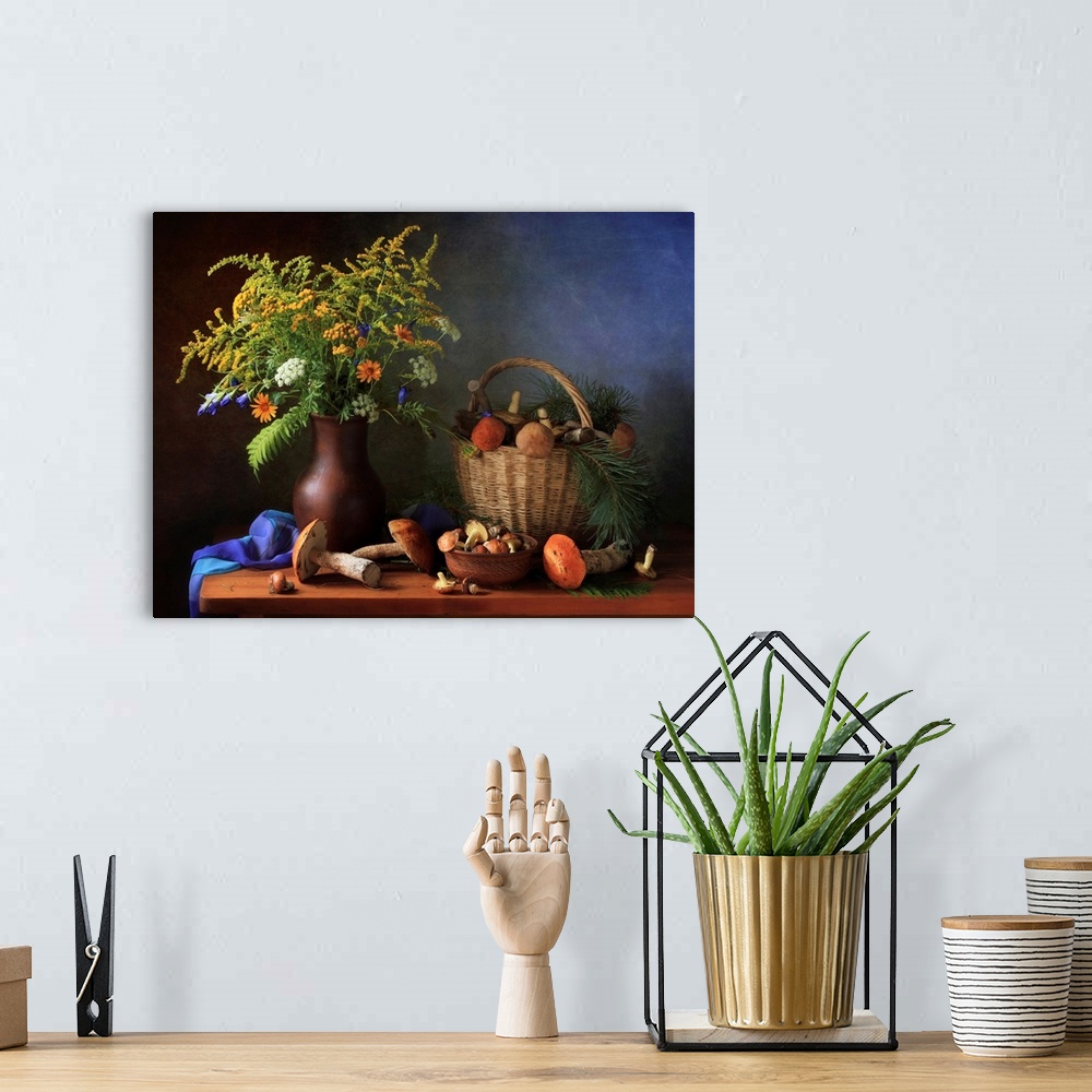 A bohemian room featuring Still Life With Mushrooms And Bouquet