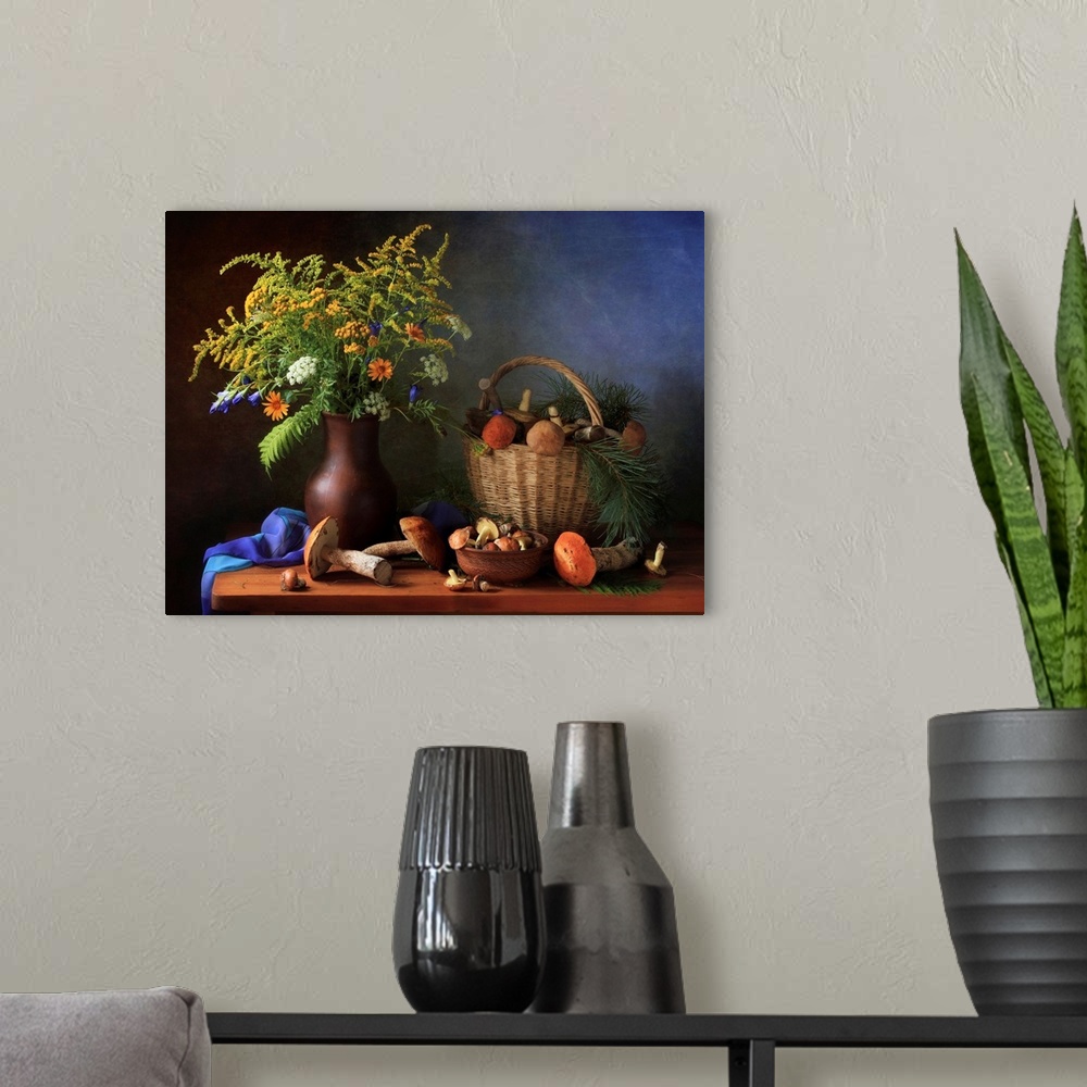 A modern room featuring Still Life With Mushrooms And Bouquet