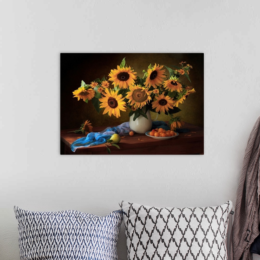 A bohemian room featuring Still Life With Sunflowers And Yellow Plums