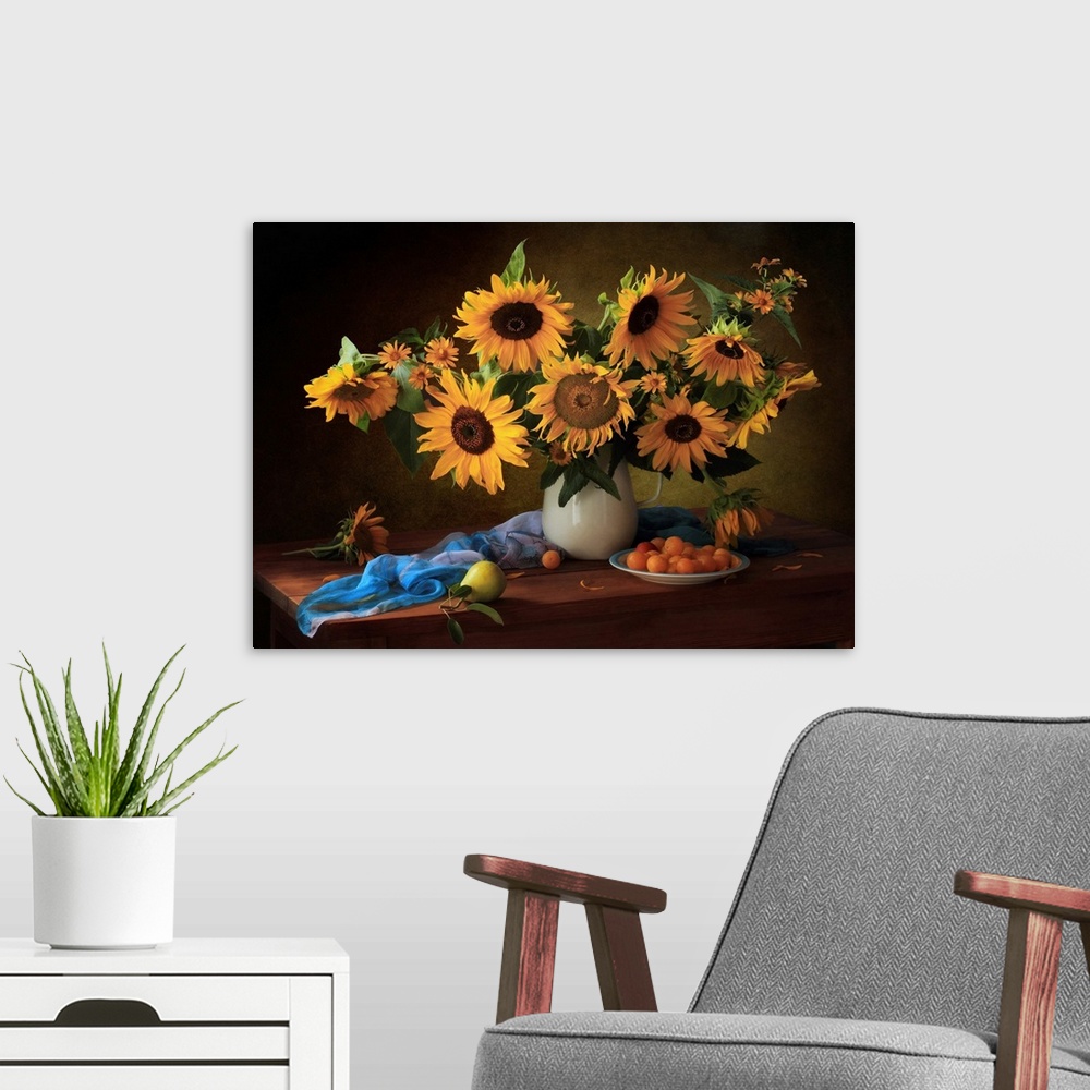 A modern room featuring Still Life With Sunflowers And Yellow Plums