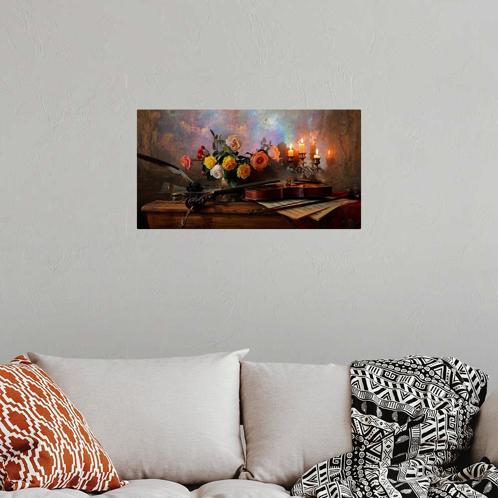 A bohemian room featuring Still Life With Violin And Flowers