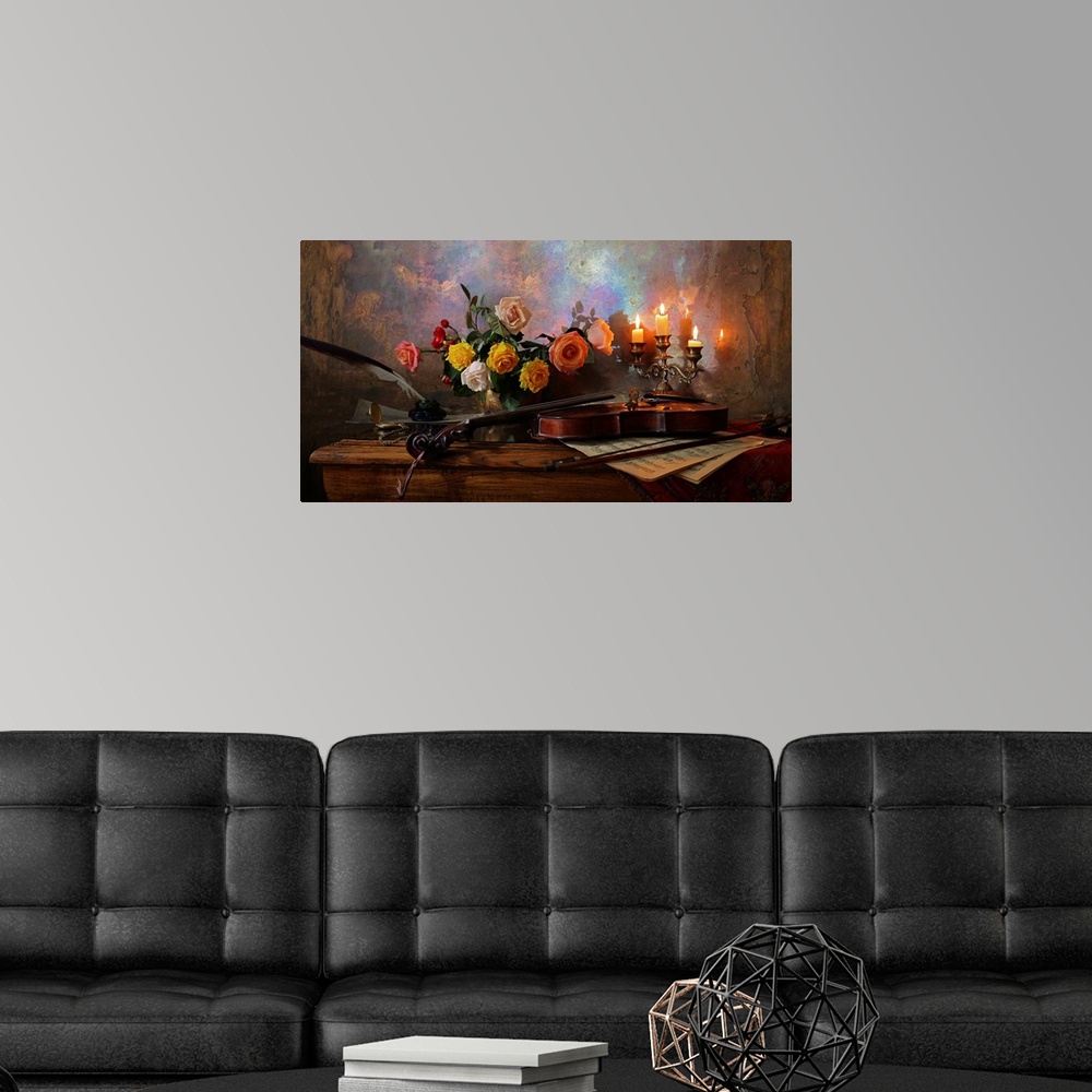 A modern room featuring Still Life With Violin And Flowers