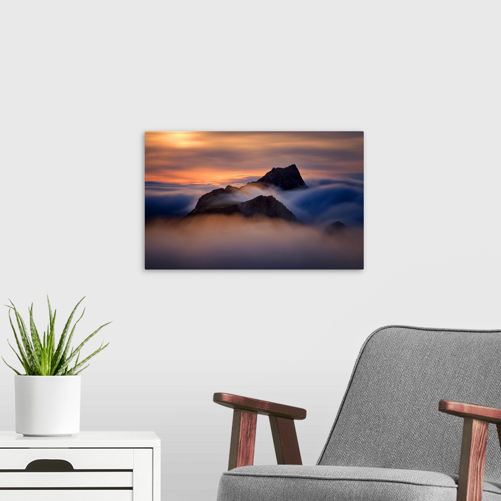 A modern room featuring Colorful sunset in foggy mountains of Moskenesoya, Lofoten