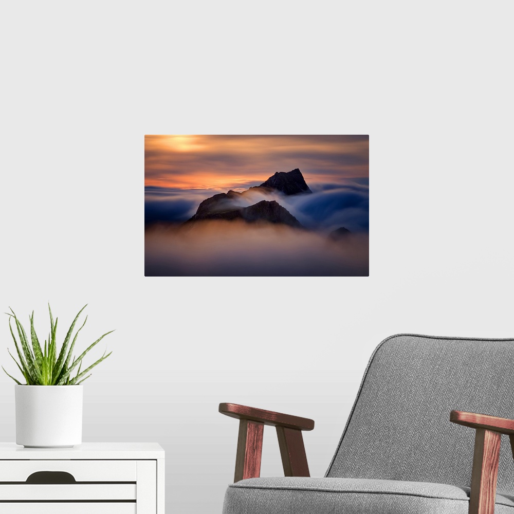 A modern room featuring Colorful sunset in foggy mountains of Moskenesoya, Lofoten