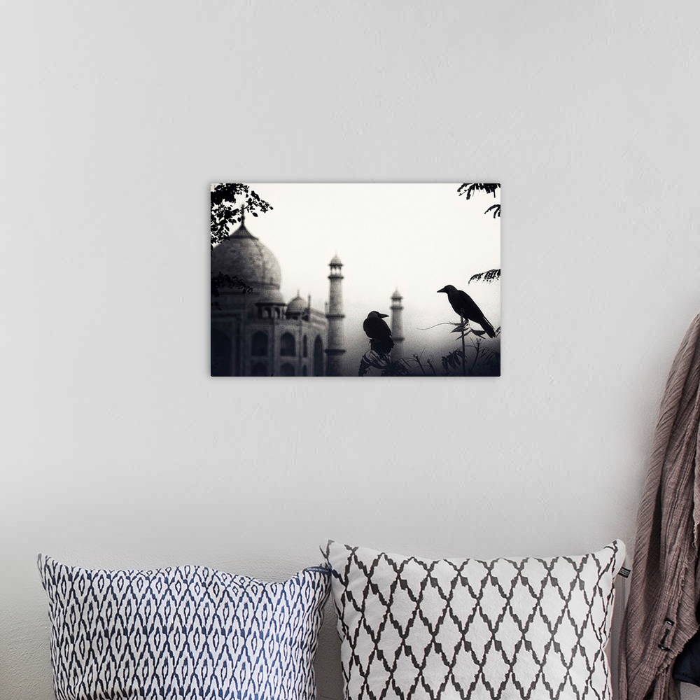 A bohemian room featuring Two crows sitting on branches with the Taj Mahal in the background.