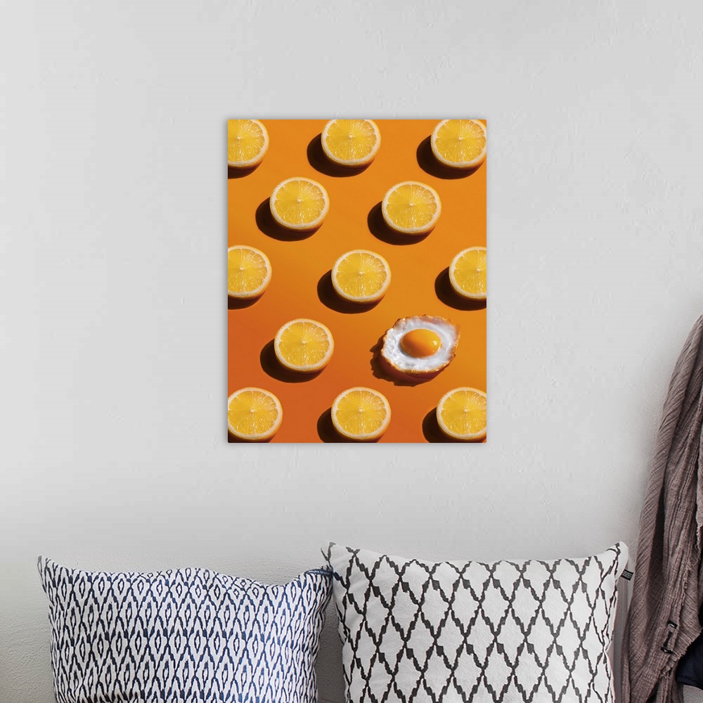 A bohemian room featuring Lemon slices pattern with a fried egg, yellow background, abstract, surprise concept.